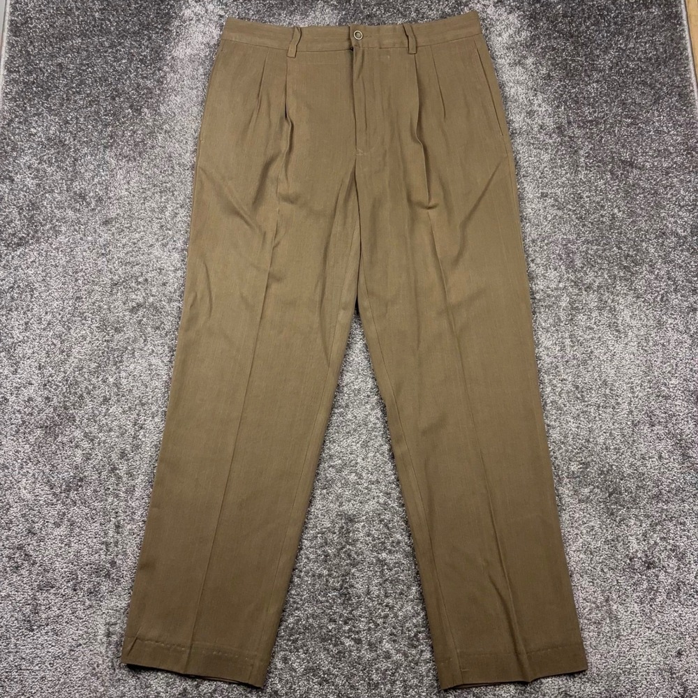 Tommy Bahama Mens 35x32 Brown Silk Bamboo Herringbone Pleated Dress Pants